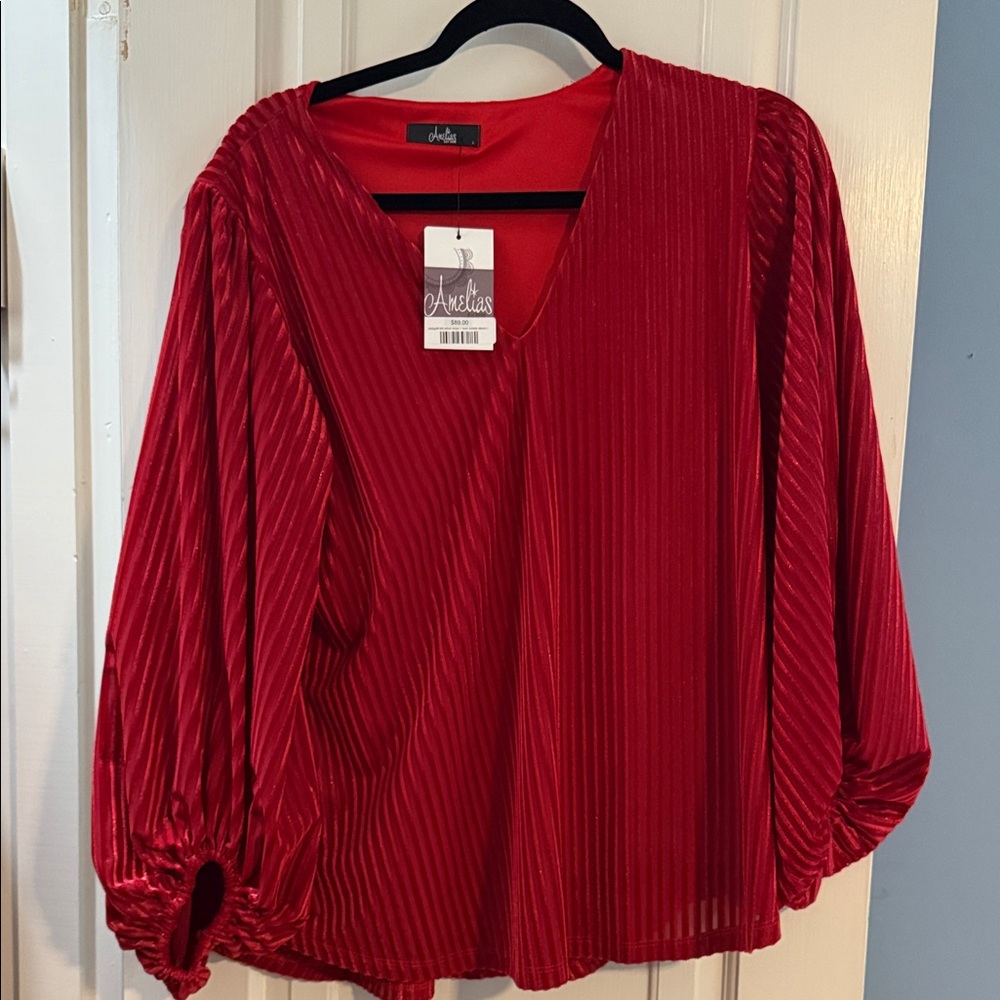 Red V-Neck Pleated Blouse